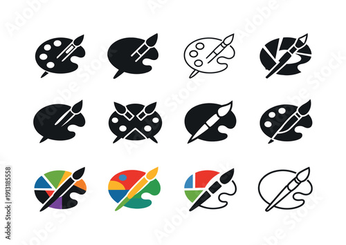 Photography of handmade crafts and art. Icon set. Set Logo of Photography of handmade crafts and art: paintbrush and palette. harmonious logo