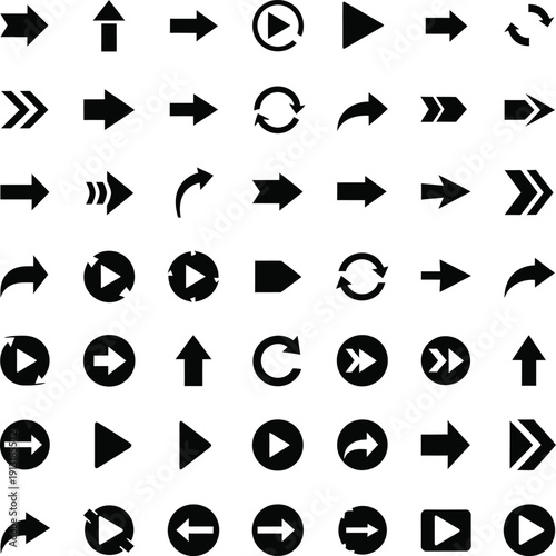 Black Arrows and Play Buttons on White Background