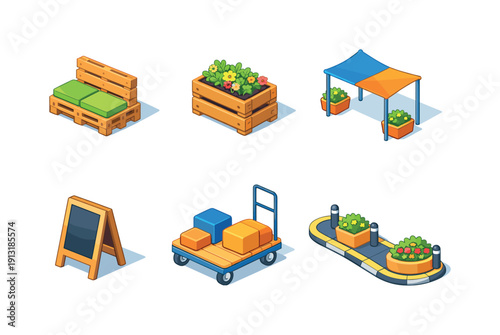 Low-cost public space tools. Isometric flat vector icons set of low-cost public space tools: modular pallet bench, recycled crate planter,