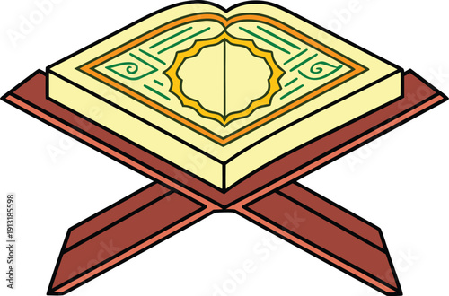 Open Holy Quran with Arabic Calligraphy Script. Realistic Quran Book on Rehal Wooden Stand. Close Up of Ornate Quran Cover with Gold Detail. Islamic Holy Book for Ramadan Kareem Celebration. Quran Pag