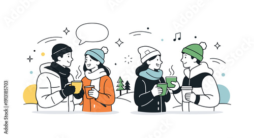 Winter Gathering Vibes. Cold weather social activity. People meeting outdoors in winter, holding warm drinks and talking, cozy and relaxed atmosphere. Minimal