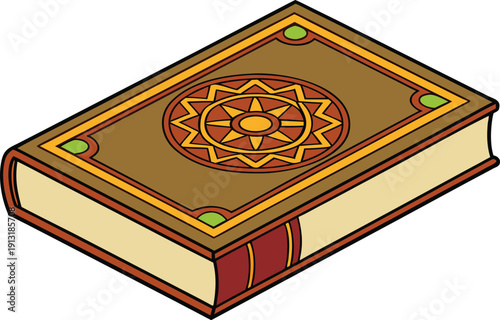 Open Holy Quran with Arabic Calligraphy Script. Realistic Quran Book on Rehal Wooden Stand. Close Up of Ornate Quran Cover with Gold Detail. Islamic Holy Book for Ramadan Kareem Celebration. Quran Pag