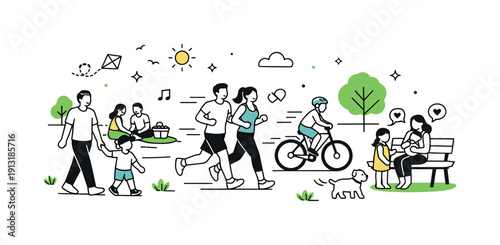 Park Community Harmony. Community activity in a green park. Families, joggers, and cyclists share a spacious urban park, showing friendly interaction and