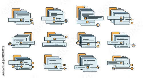 Office printer and multifunction copier machine vector illustration set in flat style showing printing scanning copying and document workflow equipment isolated on white background ideal for business 