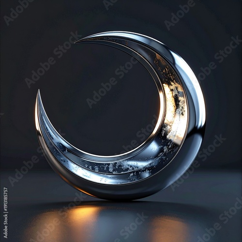 Sleek metallic crescent moon sculpture with reflective surface on a dark background, embodying celestial elegance and modern artistic design