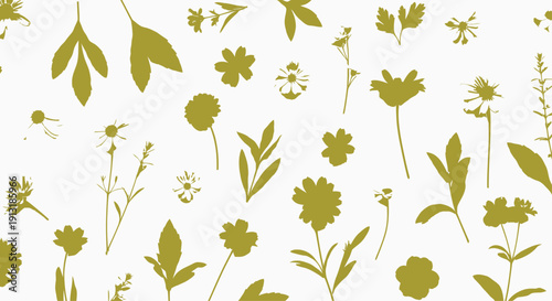 Olive Green Floral Pattern on White Background