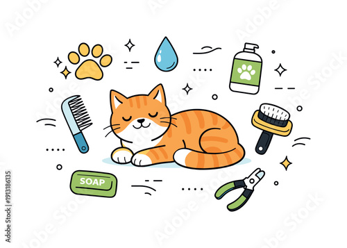 Pet hygiene and cleanliness. Abstract icons of paws, water drops, and grooming tools floating around a relaxed pet. A friendly visual