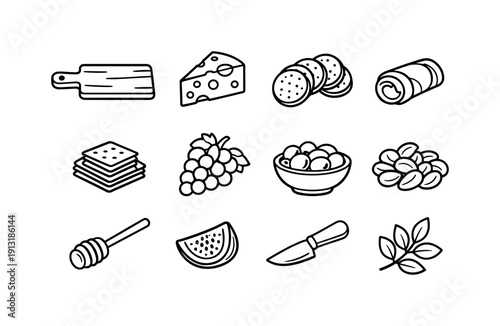Charcuterie board. Line icon set of Charcuterie board: wooden serving board, cheese wedge, sliced salami, prosciutto roll, crackers stack,