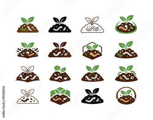 Soil fertility. Icon set. Set Logo of soil fertility: compost and microorganisms symbol. harmonious logo variations of the same emblematic