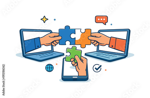 Remote team collaboration a visual metaphor of hands placing puzzle pieces together through screens, representing coordination, problem