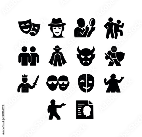 Acting & Imitation. Solid icon set of Acting & Imitation: theater mask, actor face, mirror gesture, pose mimic, body double, dramatic