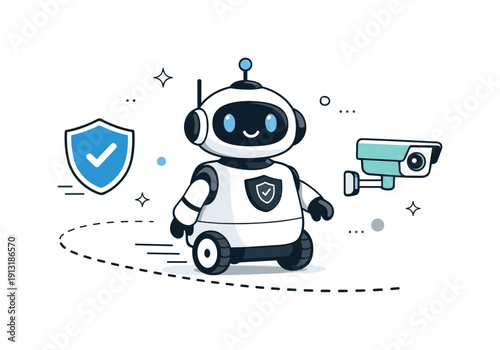 AI Security Patrol. AI-powered security patrol. A friendly-looking robot moving along a predefined path with shield and camera icons floating nearby. The mood