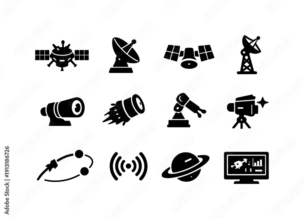 Obraz premium Space Probes. Solid icon set of Space Probes: space probe, satellite dish, solar panels, antenna mast, deep space camera,
