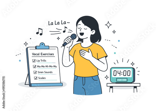 Daily vocal exercise habit. A singer practicing short warm-ups with a timer and checklist nearby, showing routine and consistency. The scene
