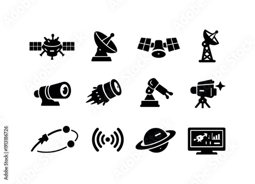 Space Probes. Solid icon set of Space Probes: space probe, satellite dish, solar panels, antenna mast, deep space camera,