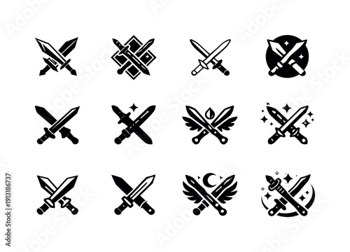 Cosplay performance. Icon set. Set Logo of cosplay performance: prop weapon. harmonious logo variations of the same emblematic concept, each