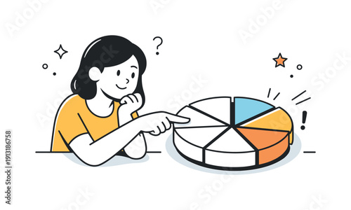 Choosing a pie slice. A person pointing at one slice among several, suggesting decision-making and anticipation. Clean shapes keep the scene