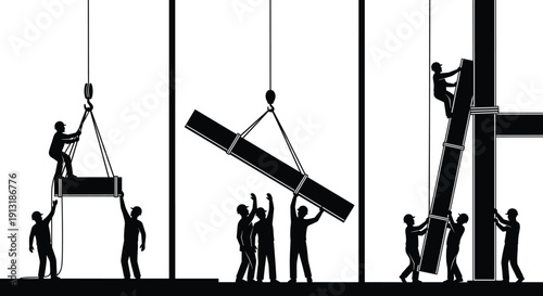PrintSet of black construction worker silhouettes lifting heavy steel beams with cranes and building infrastructure isolated on white background cad drawing flat vector illustration
