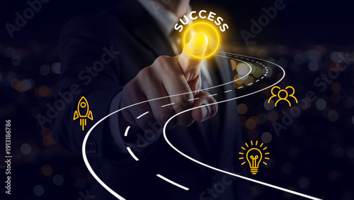Businessman finger touching glowing success circle on winding road with business