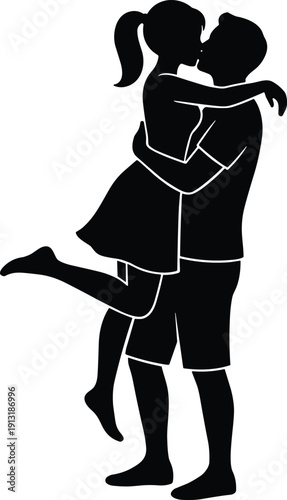 Romantic Couple Kissing Silhouette Vector Illustration of Man Lifting Woman in Passionate Embrace for Valentines Day Love Relationship