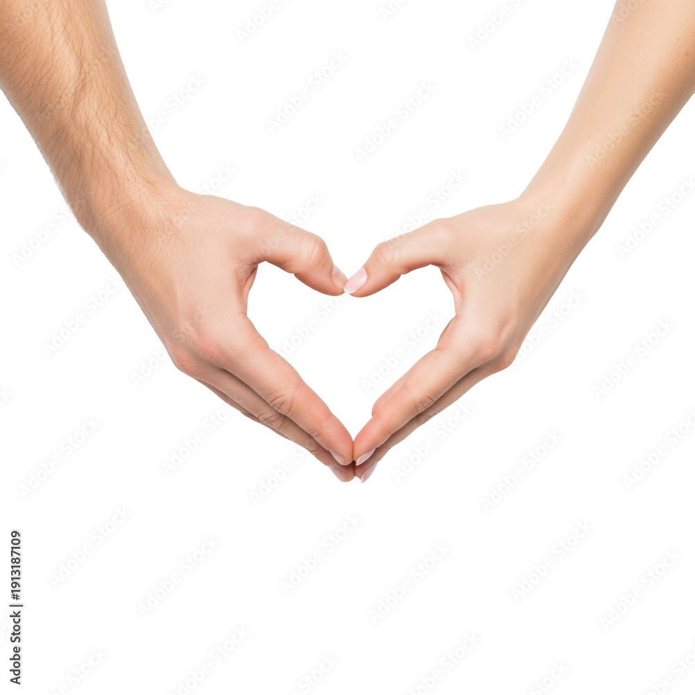 Fototapeta premium Ultra-photorealistic macro close-up of caucasian hands, female with pink manicure, perfectly forming a heart on a shadowless white background. Concept of unity and tenderness