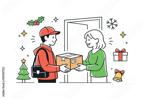 Holiday delivery arrival. Courier handing over a package at the door, friendly interaction and seasonal cheer. Simple door, box, and festive