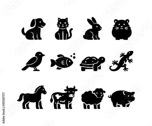 Pets and animals. Solid icon set of pets and animals: dog, cat, rabbit, hamster, bird, fish, turtle, lizard, horse, cow, sheep, pig. Filled