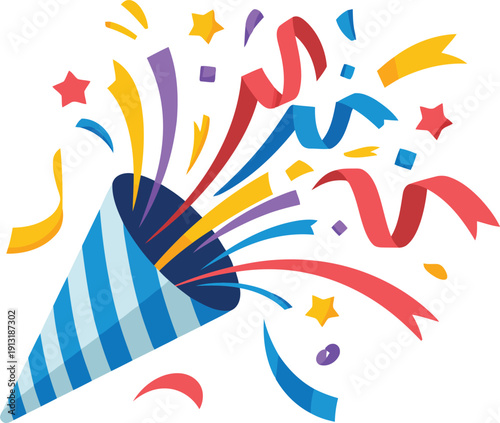 An exciting party popper bursts open spreading colorful confetti and ribbons