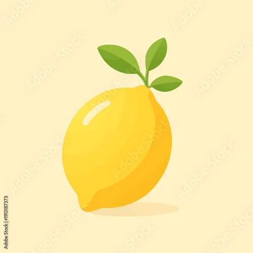 A bright and cheerful illustration of a single lemon with green leaves
