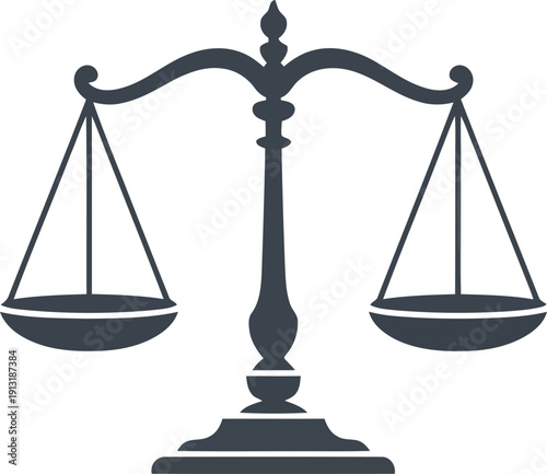 An iconic dark gray balance scale perfectly symbolizes justice, law, and the concept of equilibrium