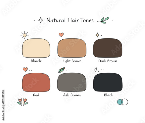 Natural hair tones. Soft color samples inspired by natural hair shades displayed as smooth rounded cards. The mood communicates authenticity,