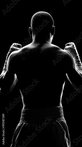 Back view of a boxer shadowboxing, silhouette carved by dramatic light, capturing focus, discipline, and mental preparation before training or competition.
