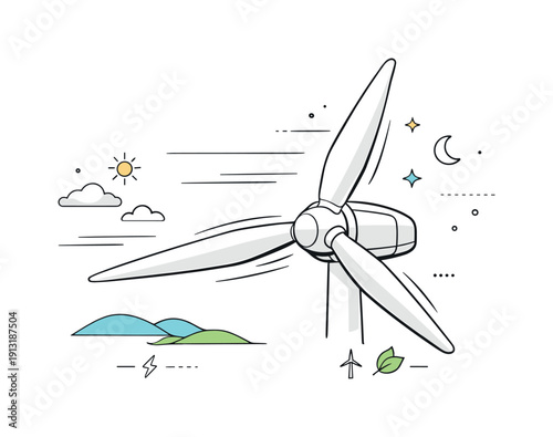 Wind energy technology. Close-up view of wind turbine blades cutting through the air, showing precision and modern engineering. Clean