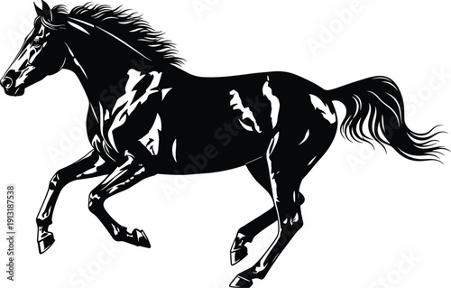 Powerful black horse silhouette galloping with flowing mane and tail in high contrast vector style isolated on white background for equestrian sports logo design