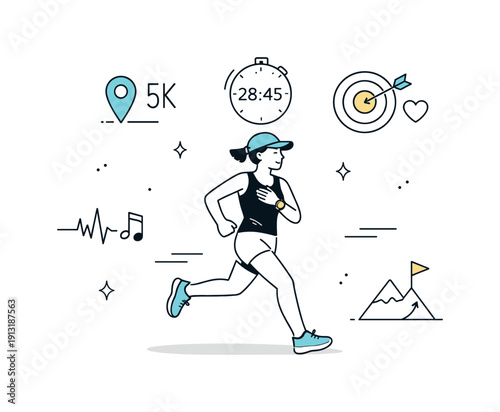 Training for a race. A runner pacing themselves carefully, listening to their body and keeping rhythm. Minimal symbols suggest distance,