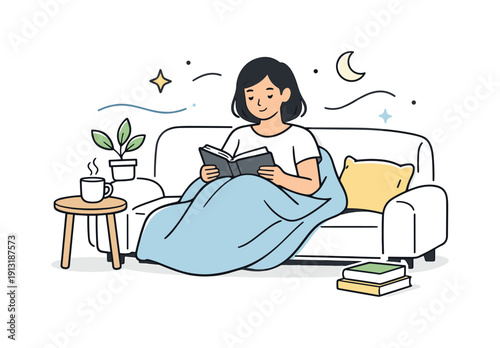 Personal moments at home. Person reading a book on a sofa with a blanket, feeling peaceful and focused. Cozy scene with floating lines