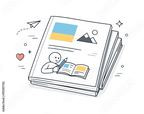 Modern print presentation. A stack of magazines or catalogs with simple covers, clean and airy composition. Editorial metaphor for