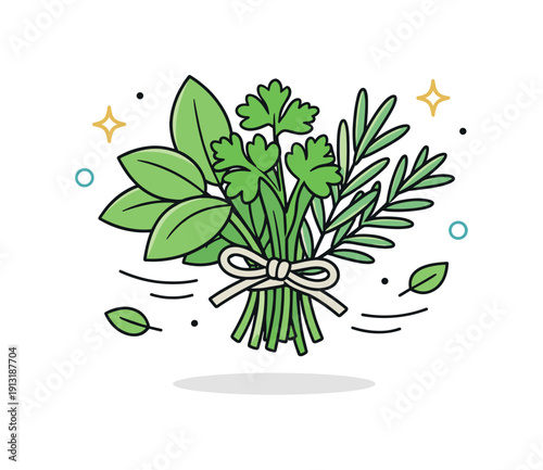 Fresh herbs bundle. A small bundle of leafy herbs tied together, shown lightly floating with natural curves and fresh energy. The mood feels