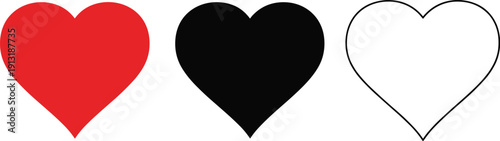 Minimalist Heart Shape Icon Set Featuring Red Black and Outline Silhouettes for Love Romance and Social Media Design Elements