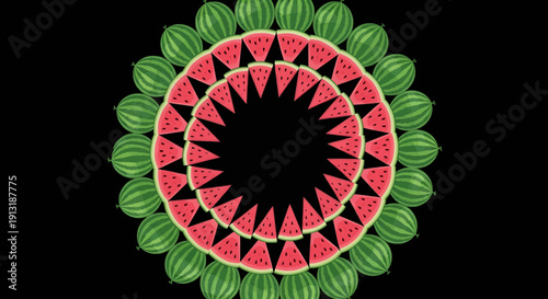 A vibrant floral wreath design with red, green, and white colors arranged in a circular pattern.