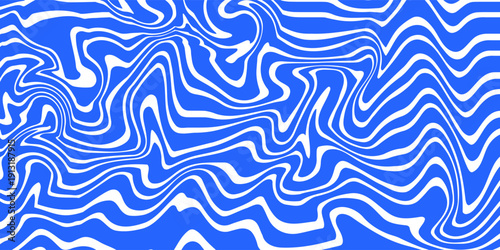 Blue wavy lines abstract background. Trendy psychedelic retro style backdrop. Waves, swirl and twirl pattern. Twisted distorted vector texture.