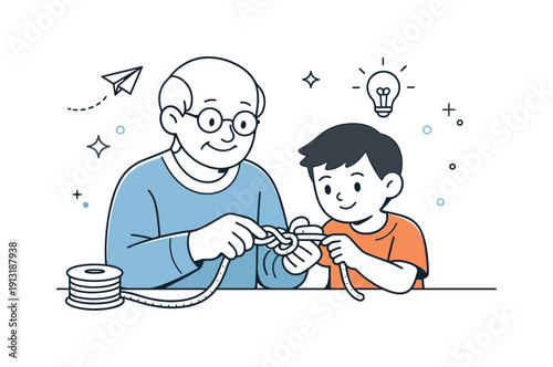 Learning across  s. An older family member teaching a child a simple skill or reading together. Calm educational moment, patience,