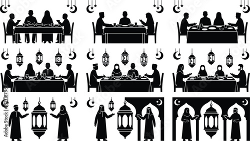 Muslim family eating iftar dinner together during Ramadan month silhouette set, Islamic people gathering for meal with lanterns