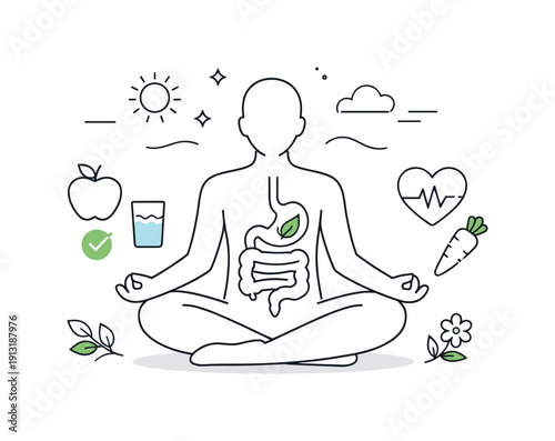 Food digestion in the body. A serene final scene showing a balanced body silhouette symbolizing healthy digestion and wellbeing. Sense of