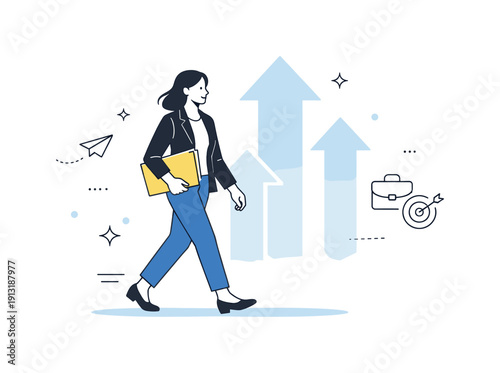 Modern leadership program. A professional walking forward with a folder and subtle upward arrows in the background, symbolizing progress and