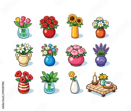 Colorful Flower Vases Icons. Vase of flowers. Colorful isometric vector icons set of vase of flowers: glass vase with tulips, ceramic vase with roses, tall