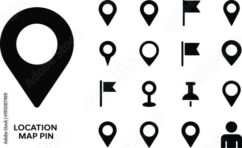 Black location map pin symbols and various navigation markers displayed as a simple icon collection on white