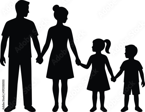 Minimalist black and white vector silhouette of a happy family of four with parents holding hands with two children symbolizing unity love and togetherness