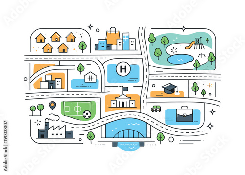Urban development plan. A schematic map with streets, zoning blocks, green areas, and public facilities clearly marked. Thoughtful city