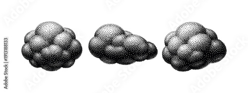 Dot Texture Views. Stippled dot overlay texture described as a single abstract overlay object shown in three views: front view, side view, and three-quarter